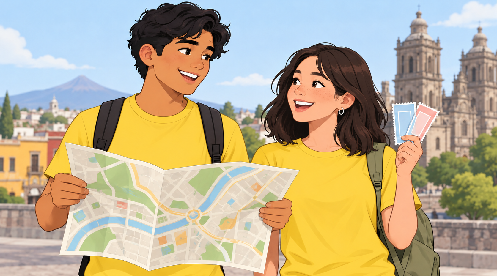 Dos personas con camisetas iguales: una sostiene un mapa sin letras y la otra, entradas.