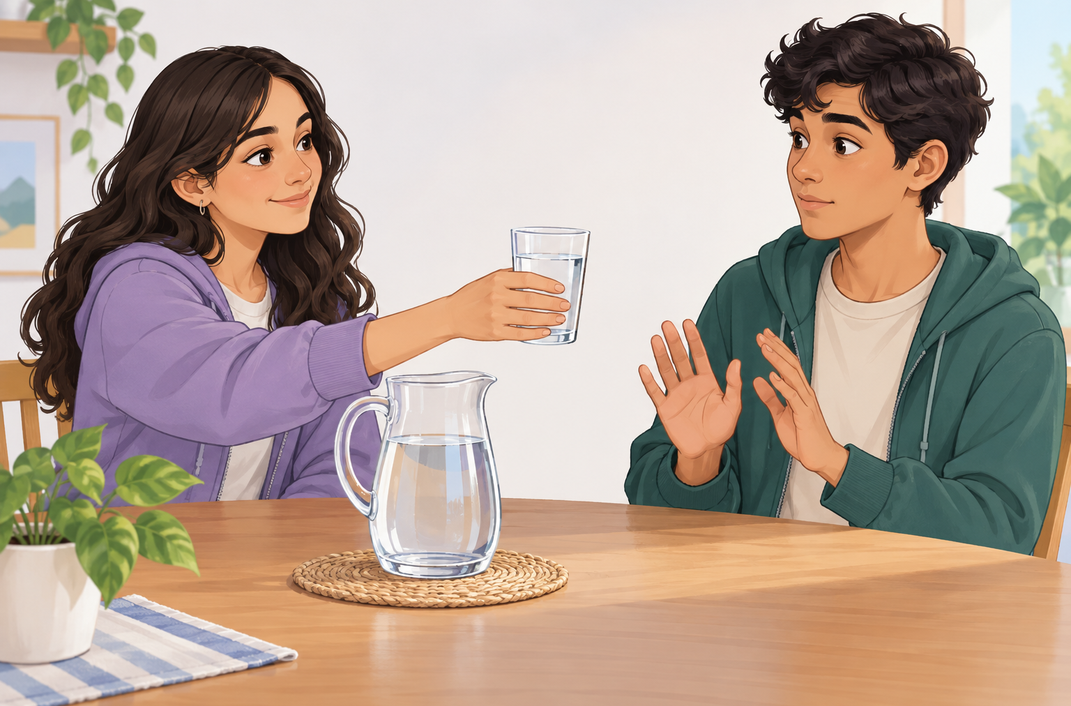 Dos personas frente a una jarra de agua; una ofrece un vaso que la otra todavía no ha recibido.