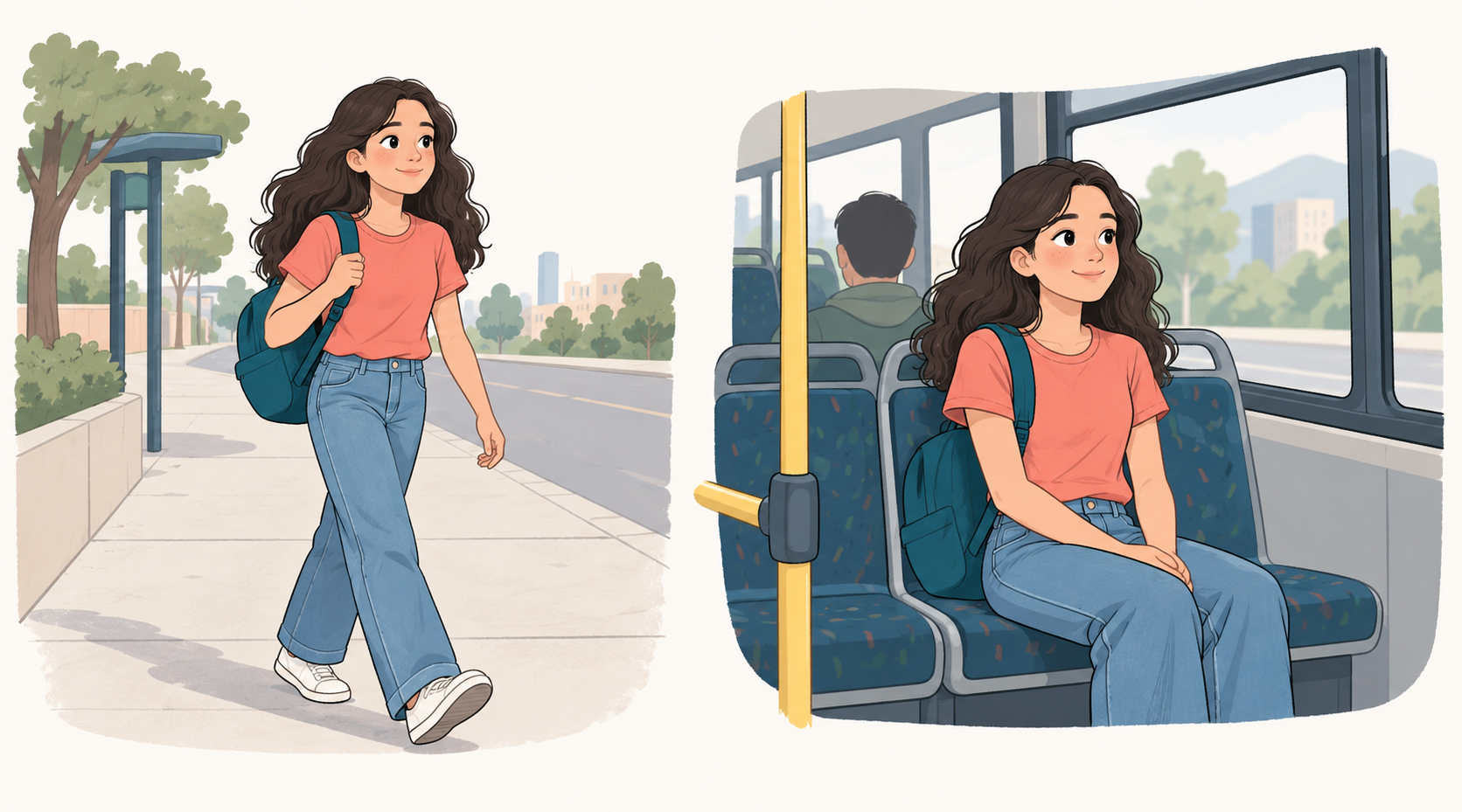 Dos viñetas de la misma persona: caminando y sentada en un autobús.