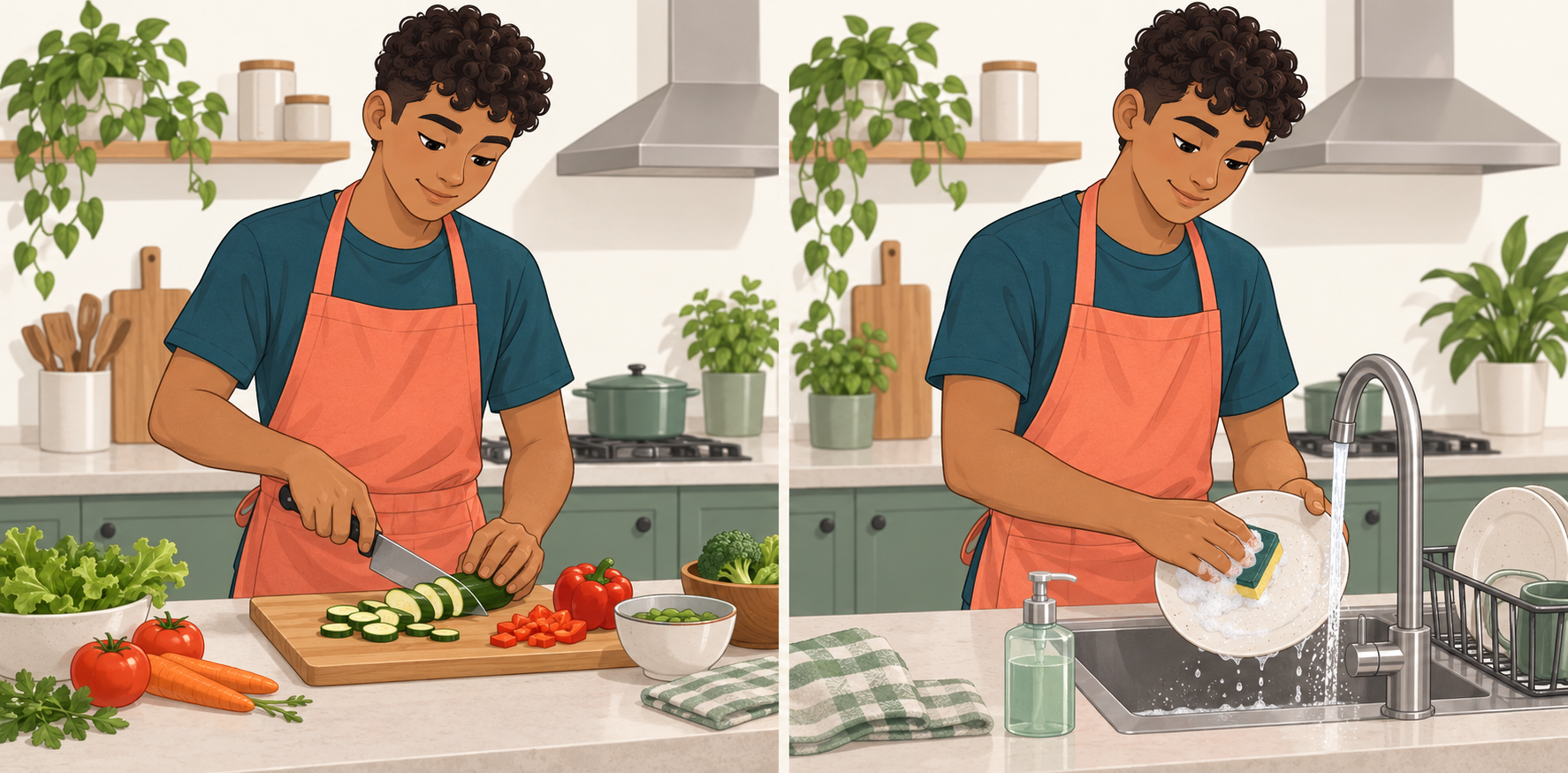 La misma persona en dos escenas de una cocina: preparando comida y lavando platos.