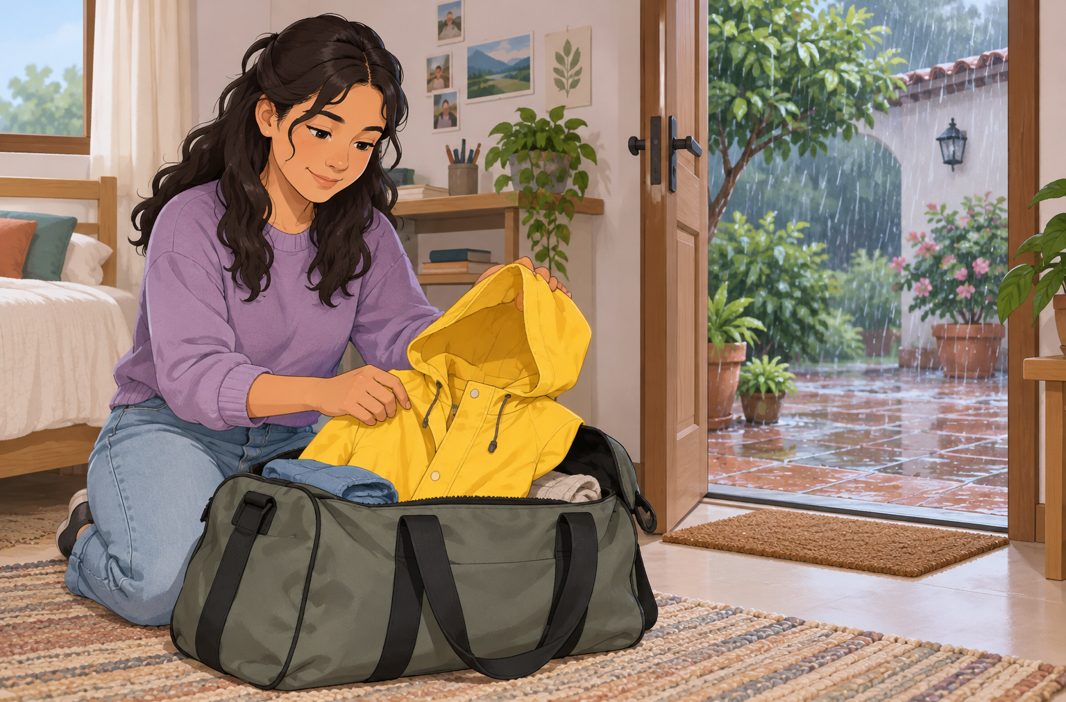 Una persona junto a una bolsa con un impermeable, dentro de una habitación; por la puerta se ve un patio lluvioso.
