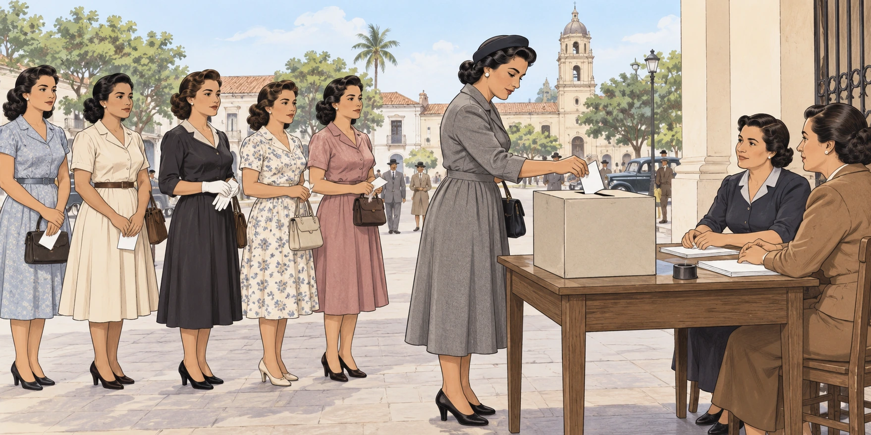 Una mujer deposita su voto en una urna mientras otras esperan en fila y dos mujeres atienden la mesa electoral.