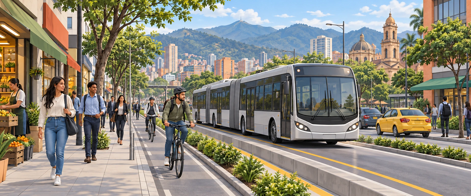 Una avenida urbana entre montañas con autobús articulado, taxis, ciclistas, peatones y comercios.