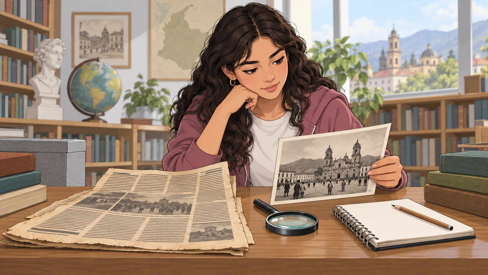 Una estudiante examina una fotografía histórica junto a periódicos antiguos, libros, una lupa y un cuaderno en una biblioteca.