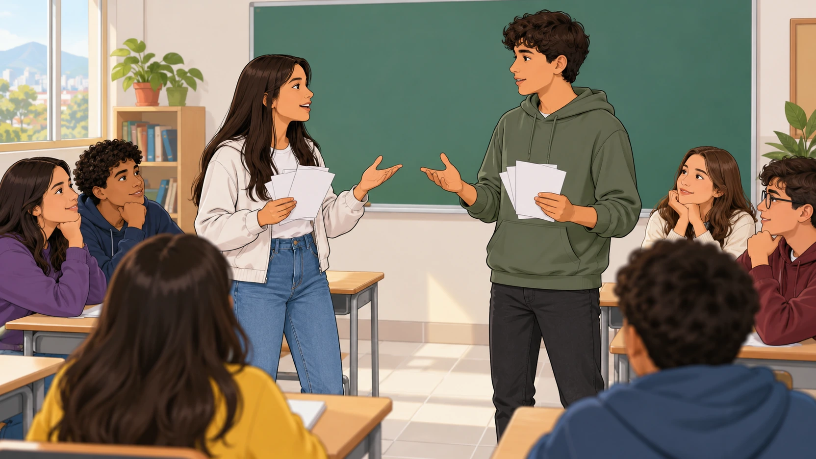 Dos estudiantes presentan sus argumentos ante compañeros sentados en un aula.