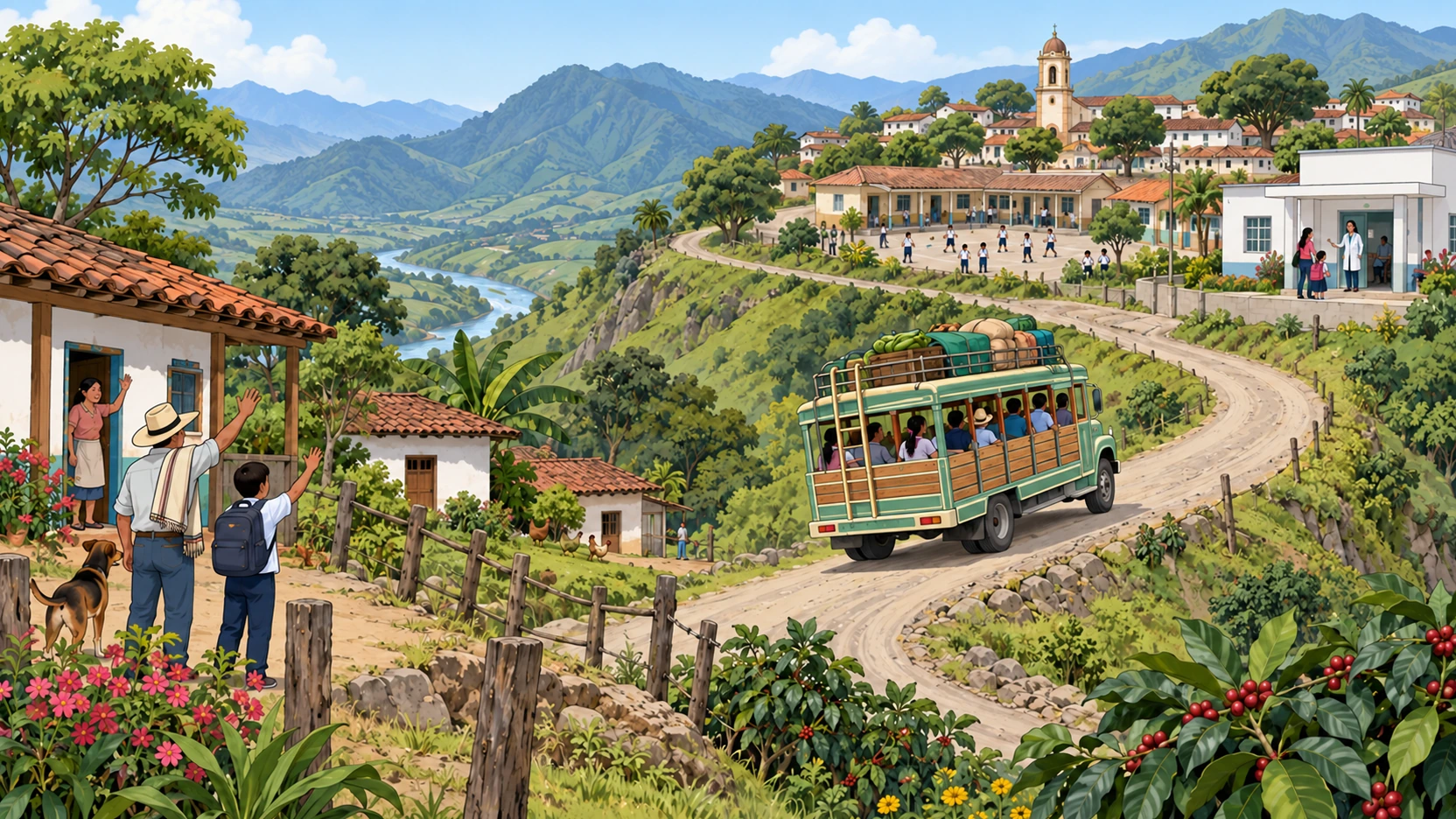 Un autobús rural con pasajeros y carga recorre una carretera de montaña entre viviendas, cultivos, una escuela y un centro de atención.