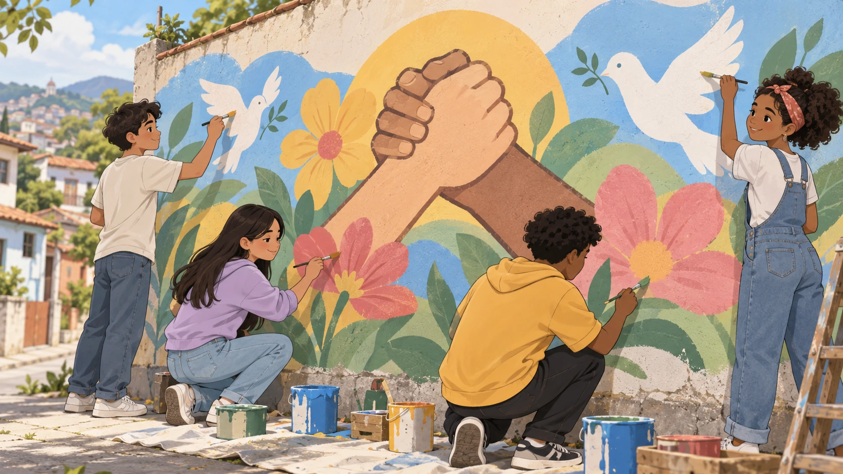 Cuatro jóvenes pintan un mural con manos entrelazadas, flores y palomas blancas.