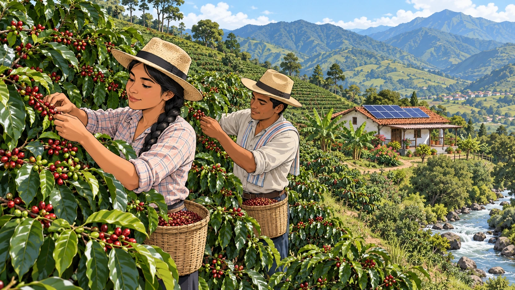 Dos personas cosechan café en una ladera; al fondo hay una vivienda con paneles solares y un río.