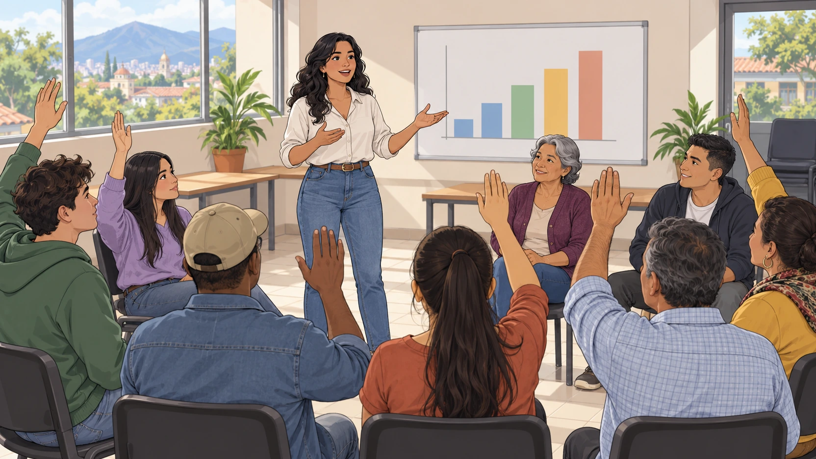 Un grupo de personas levanta la mano mientras una mujer presenta una gráfica de barras en una reunión.
