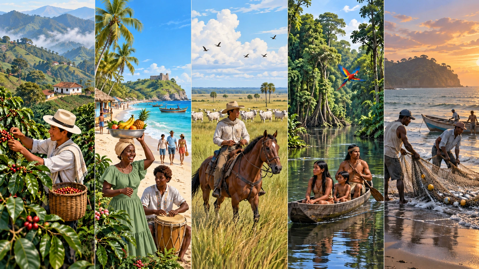 Cinco escenas de Colombia: cosecha de café en montaña, playa caribeña, ganadería en llanos, navegación en selva y pesca en costa.