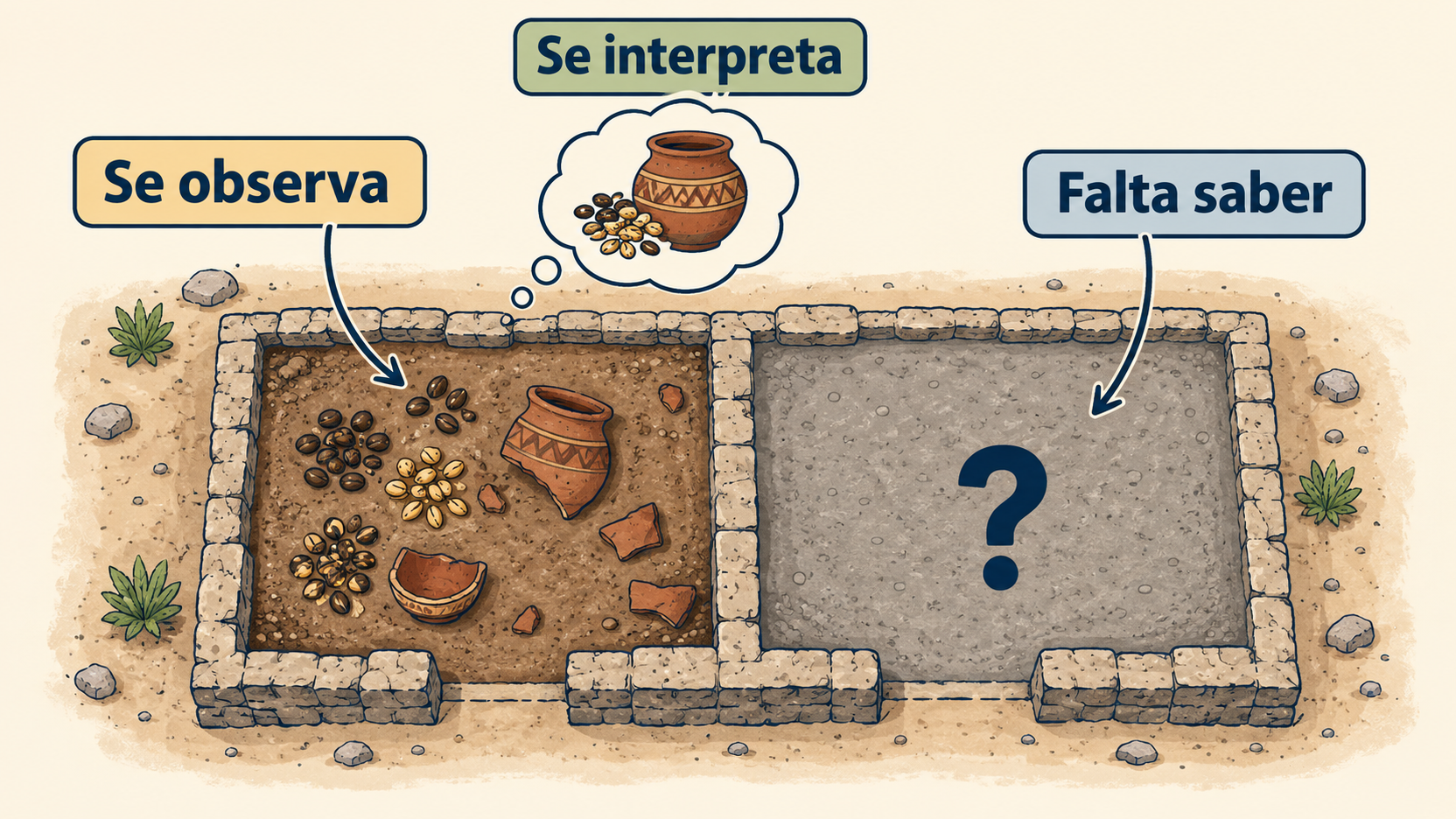 Plano de dos habitaciones: una contiene semillas y fragmentos de vasijas; la otra tiene un signo de interrogación. Los rótulos distinguen observación, interpretación y lo que falta saber.
