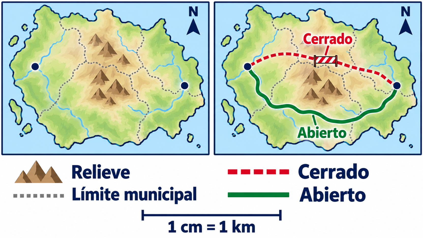 Dos mapas muestran el mismo relieve y límite municipal; el segundo compara una ruta cerrada roja y otra abierta verde, con norte, leyenda y escala de 1 cm a 1 km.