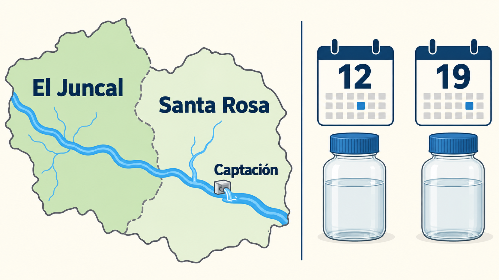 Mapa de El Juncal y Santa Rosa con río, afluentes y captación; al lado, dos frascos de muestra bajo calendarios de los días 12 y 19.