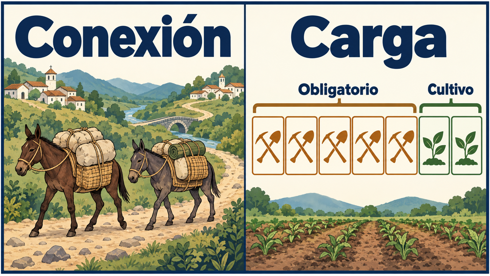 Dos paneles comparan mulas cargadas en un camino y un calendario con cinco jornadas obligatorias y dos de cultivo.