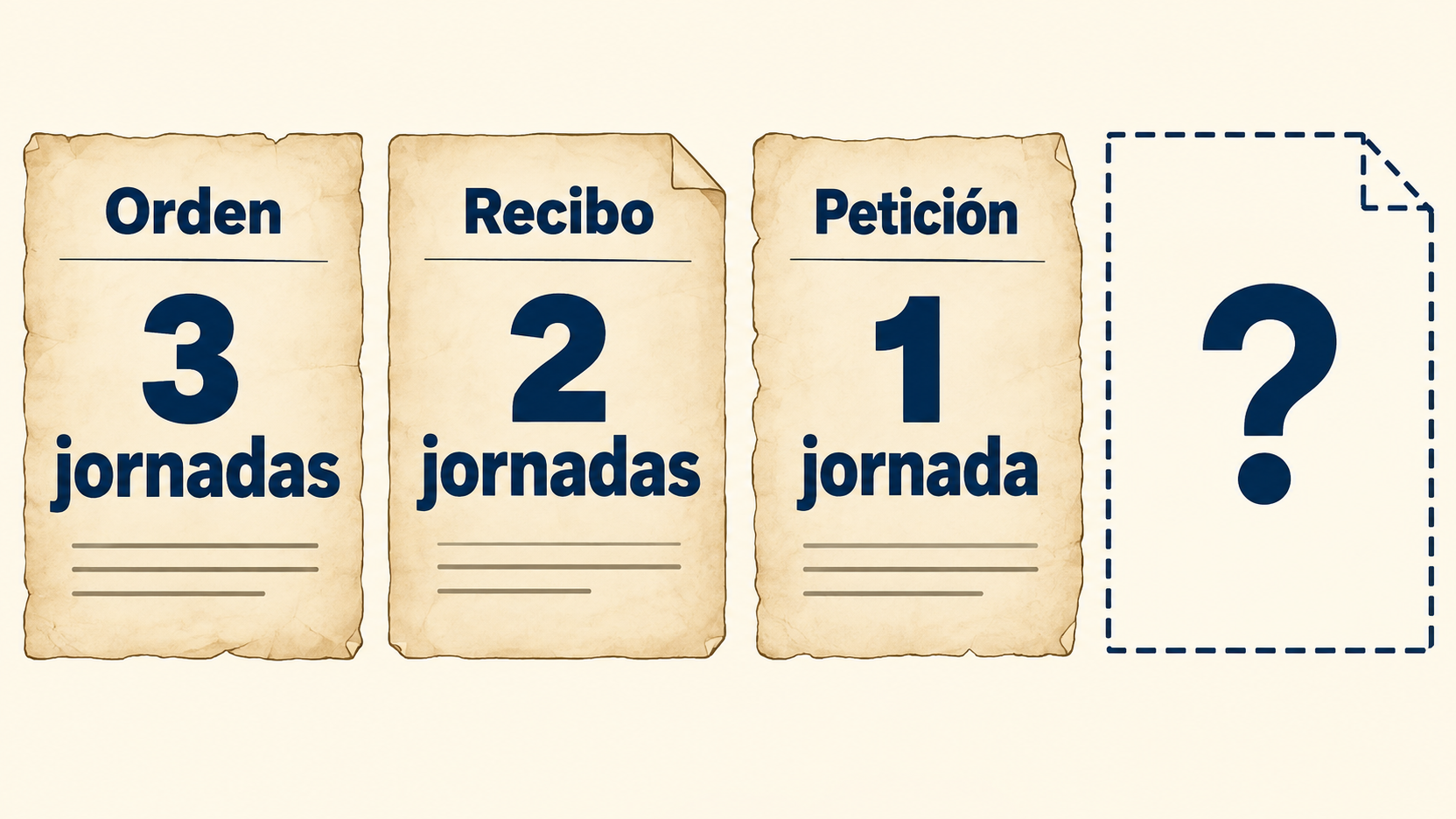 Tres documentos indican una orden de tres jornadas, un recibo de dos y una petición de una; un cuarto contorno contiene un signo de interrogación.