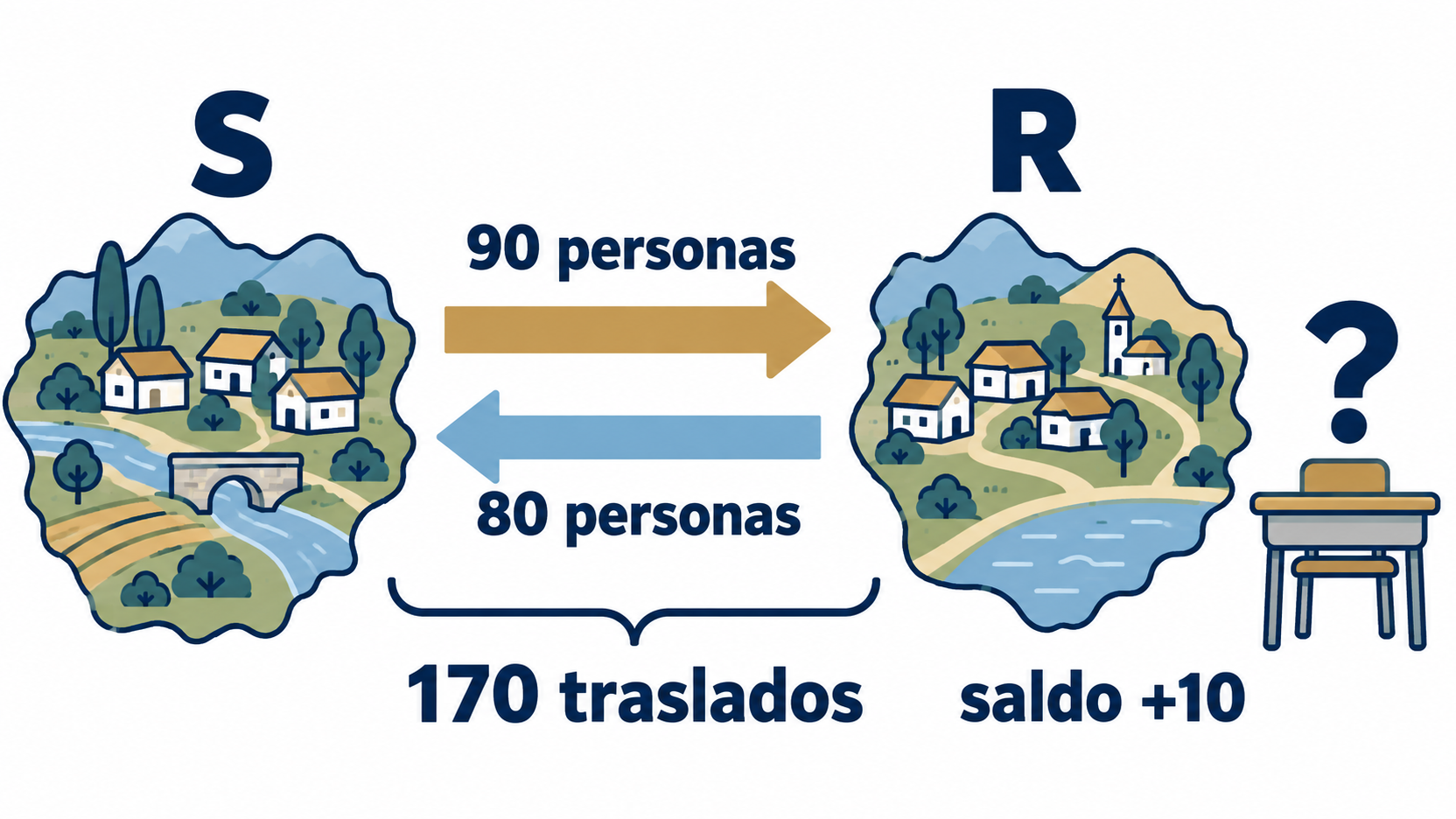 Dos territorios S y R intercambian 90 y 80 personas; el esquema distingue 170 traslados y saldo de +10, y deja una pregunta junto a un pupitre.