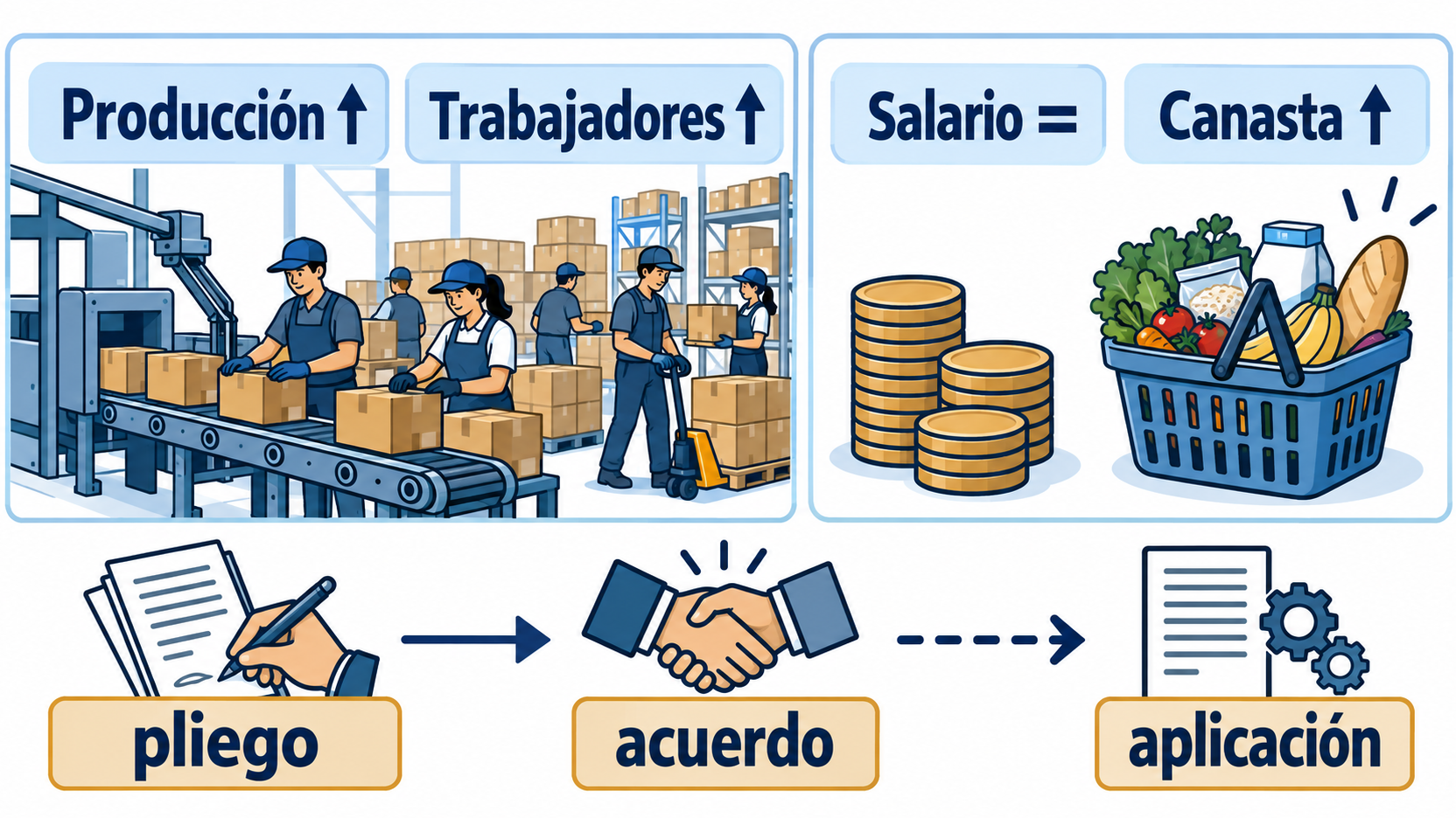 Una fábrica muestra producción y trabajadores en aumento; otro panel compara salario constante y canasta en aumento. Debajo, pliego y acuerdo conducen por una flecha discontinua a aplicación.