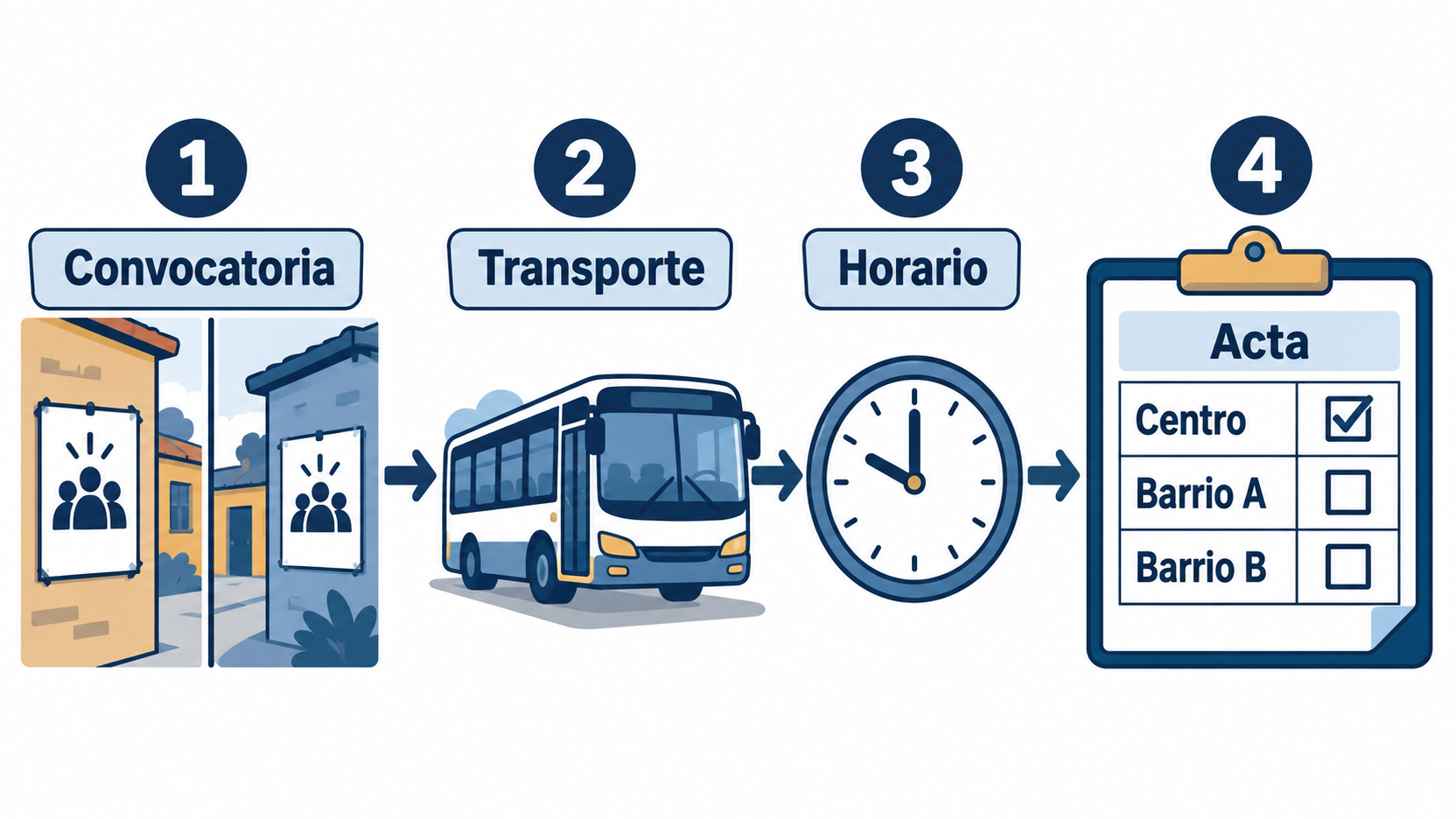 Convocatoria, transporte y horario conducen a un acta que marca Centro y deja vacías las casillas de Barrio A y Barrio B.