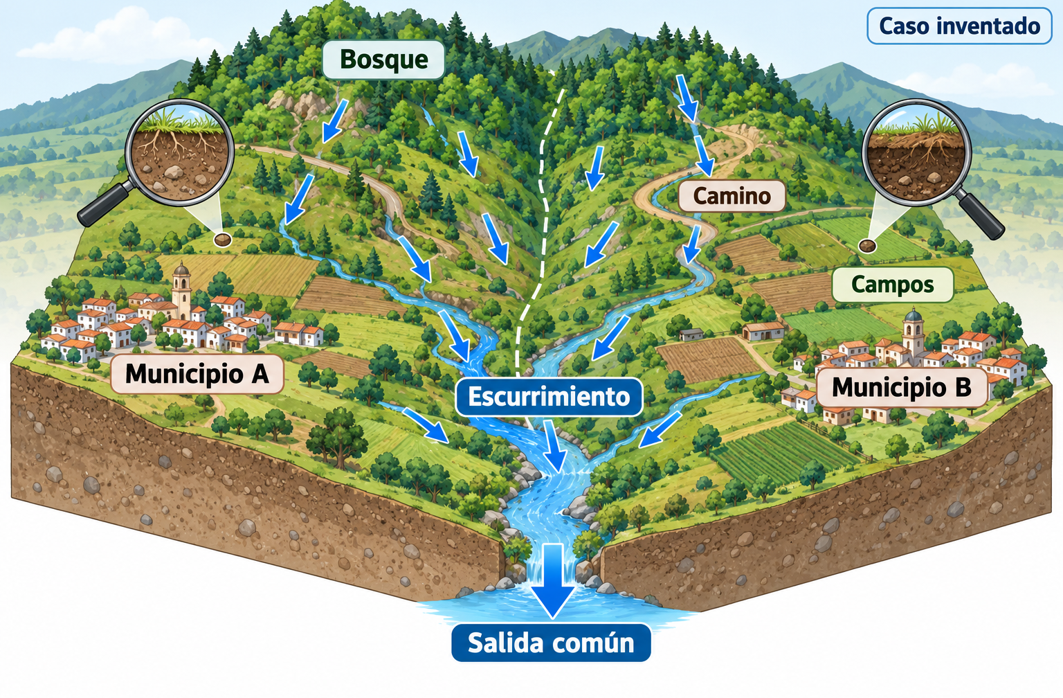 Cuenca inventada con bosque, camino, campos y dos municipios; flechas de escurrimiento convergen en una salida común y dos lupas muestran el suelo.