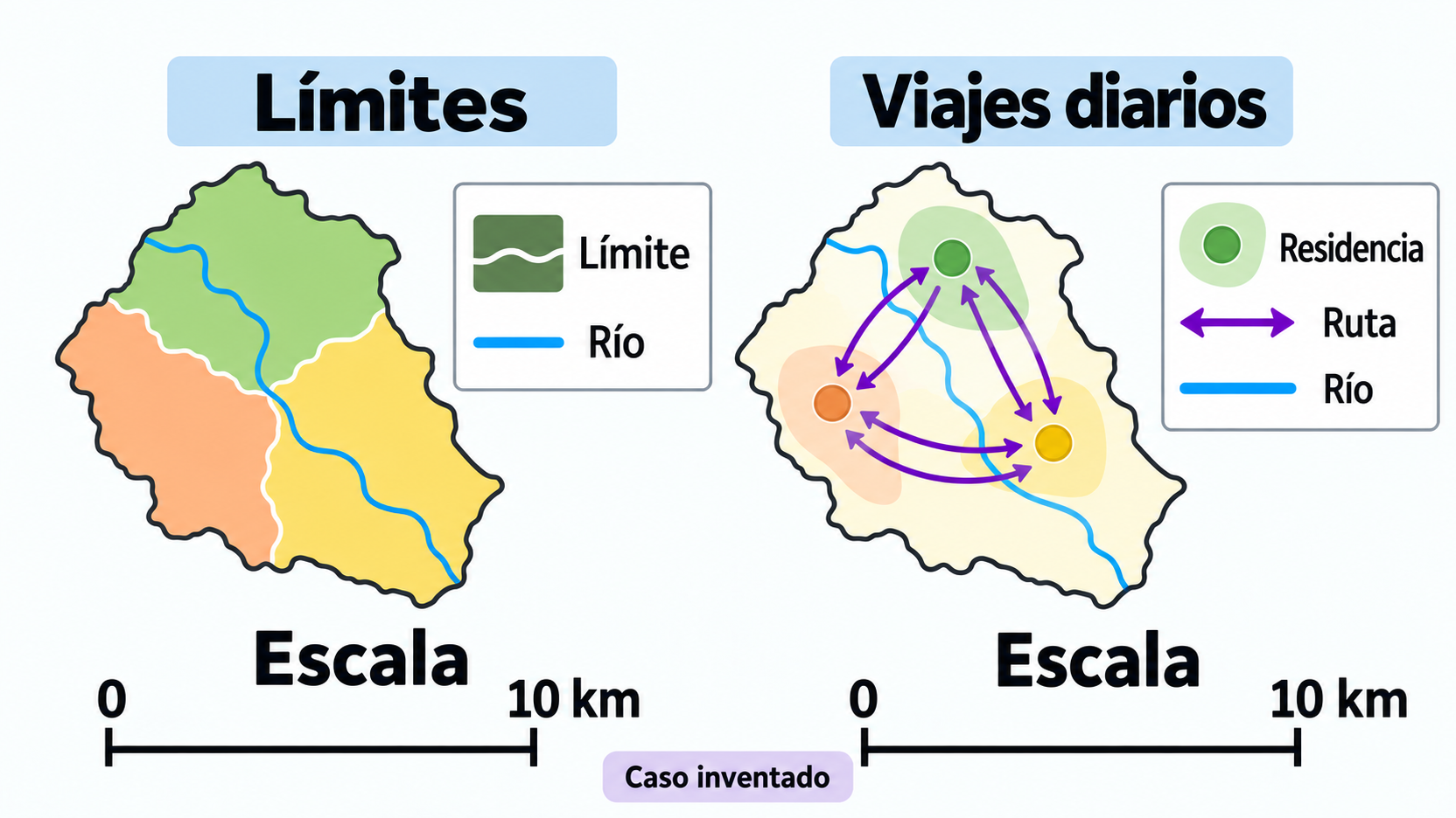 Dos mapas de un territorio inventado comparan límites administrativos y viajes diarios; ambos incluyen río, leyenda y escala de 0 a 10 km.
