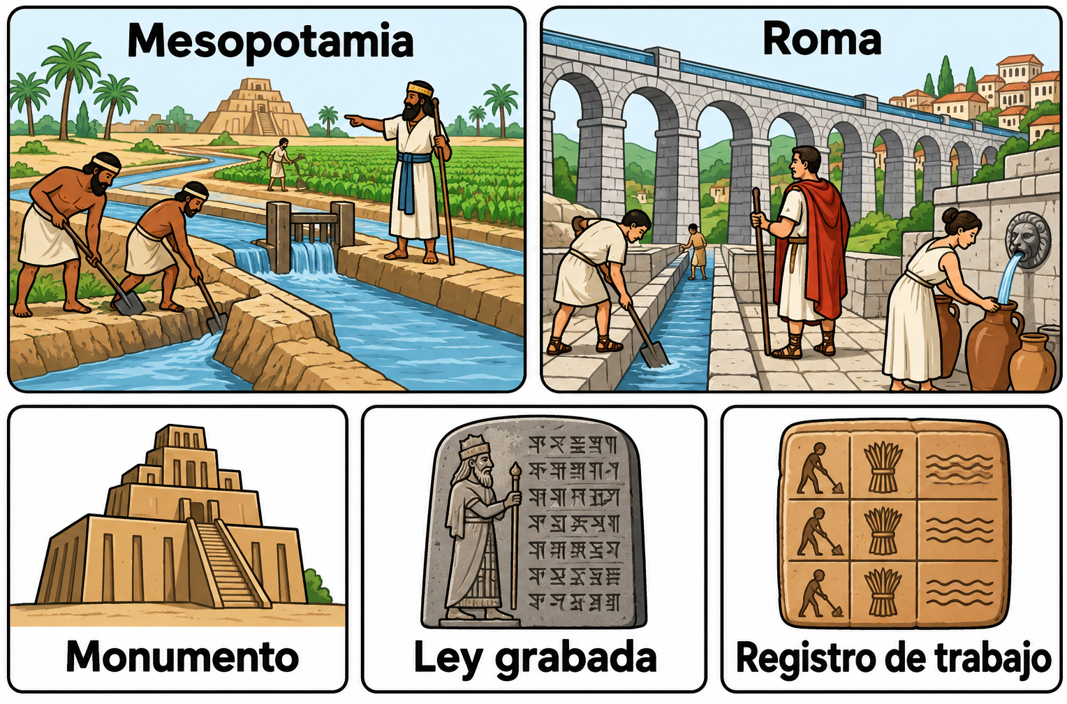 Escenas ilustradas de trabajo con el agua en Mesopotamia y Roma, sobre tres paneles de monumento, ley grabada y registro de trabajo.
