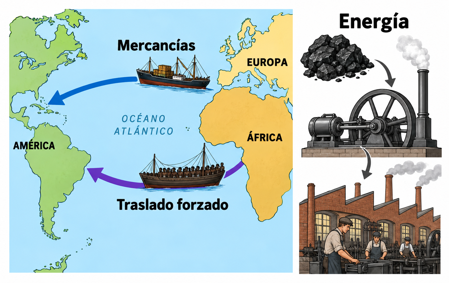 Mapa atlántico con rutas de mercancías y traslado forzado; a la derecha, carbón, máquina de vapor y trabajadores de una fábrica.