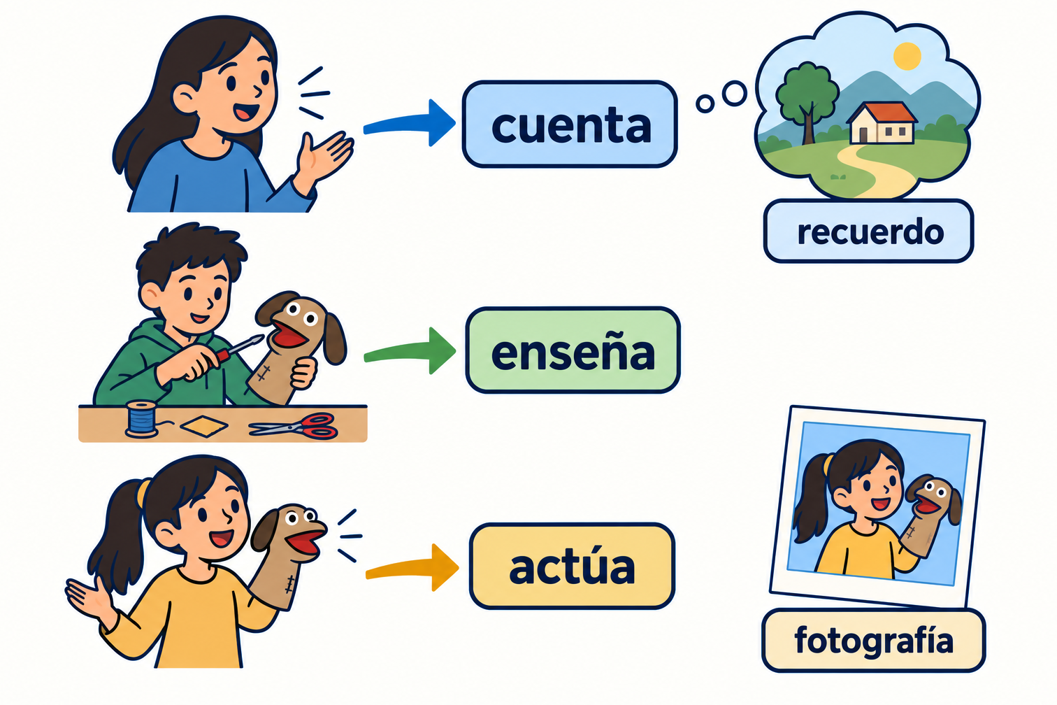 Esquema de tres personas y sus acciones, con flechas distintas para quien cuenta, quien enseña y quien actúa. El origen del recuerdo y la fotografía quedan separados.