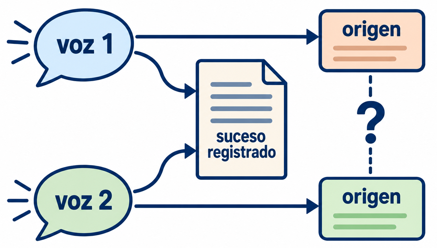 Diagrama de dos voces que convergen en un suceso registrado y conservan ramas distintas sobre su origen. Un espacio de pregunta muestra el enlace pendiente.