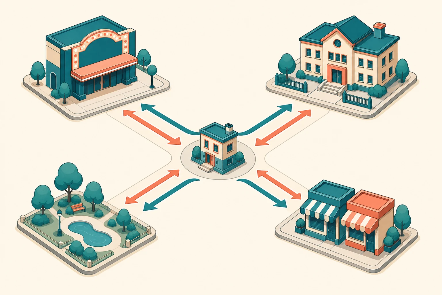 Mapa urbano con cine, escuela, parque y dos tiendas conectados por flechas de ida y vuelta.