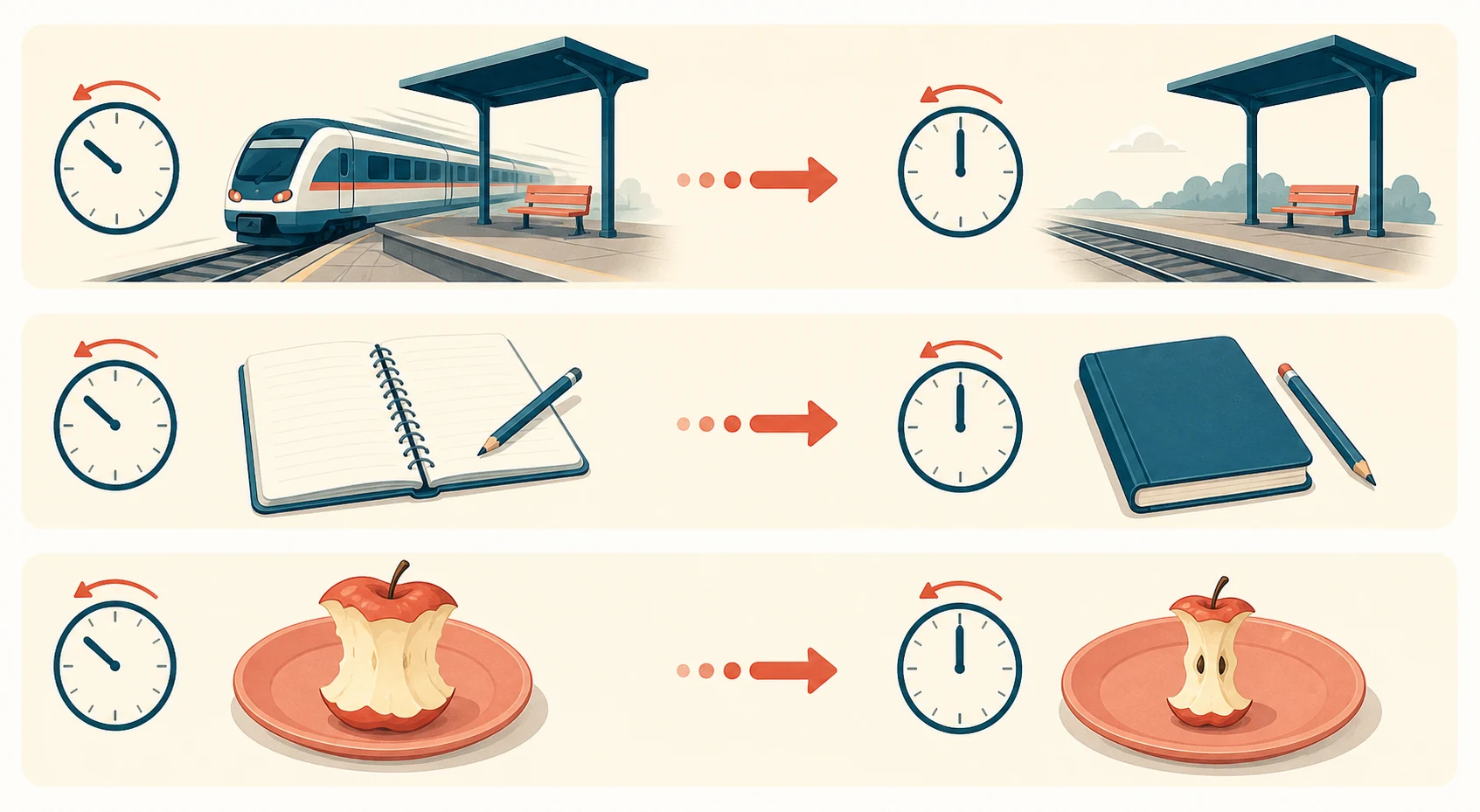 Three sequences show a train that has left, a notebook now closed and an apple already eaten.