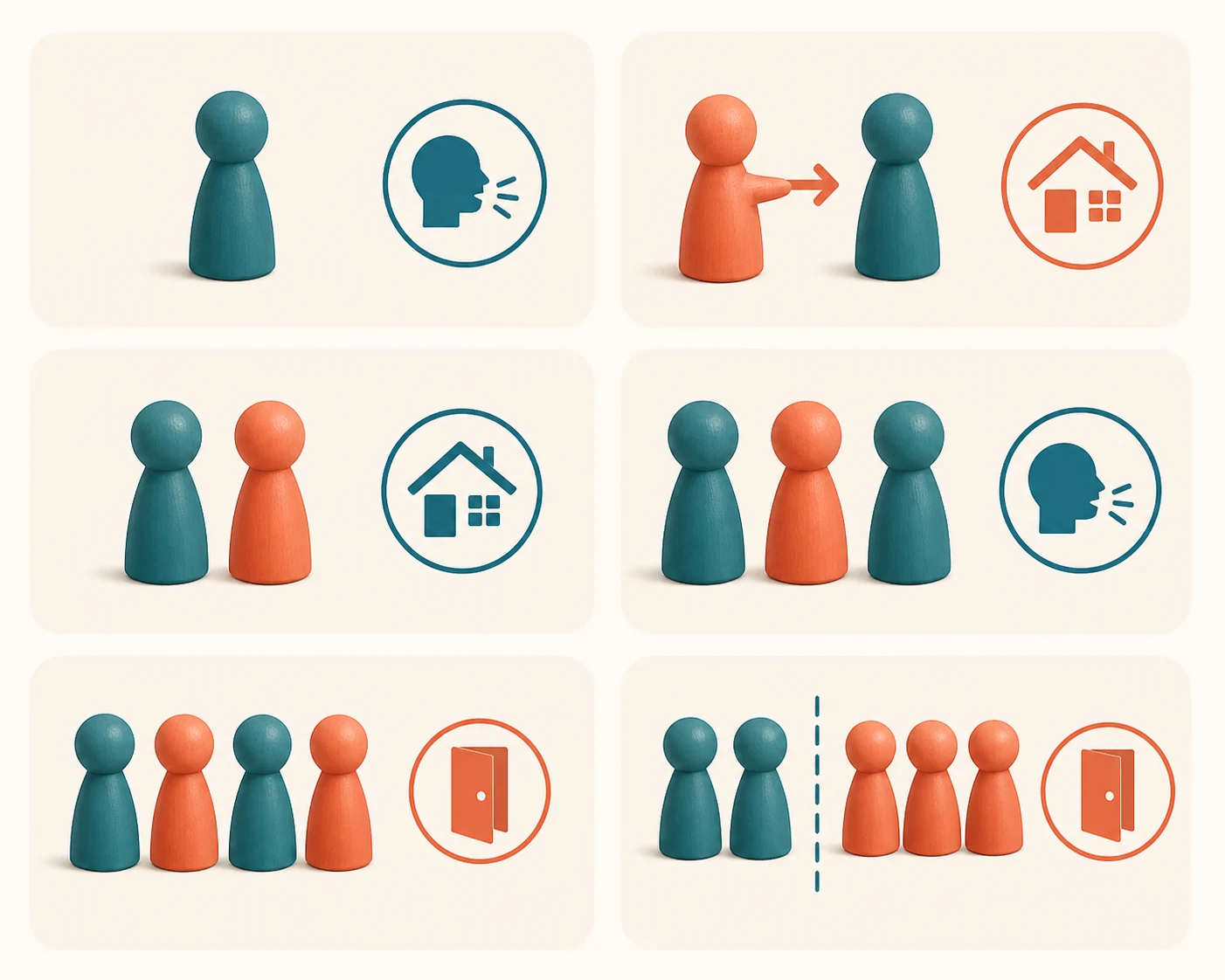 Six groups of wooden pawns show who performs different everyday actions.