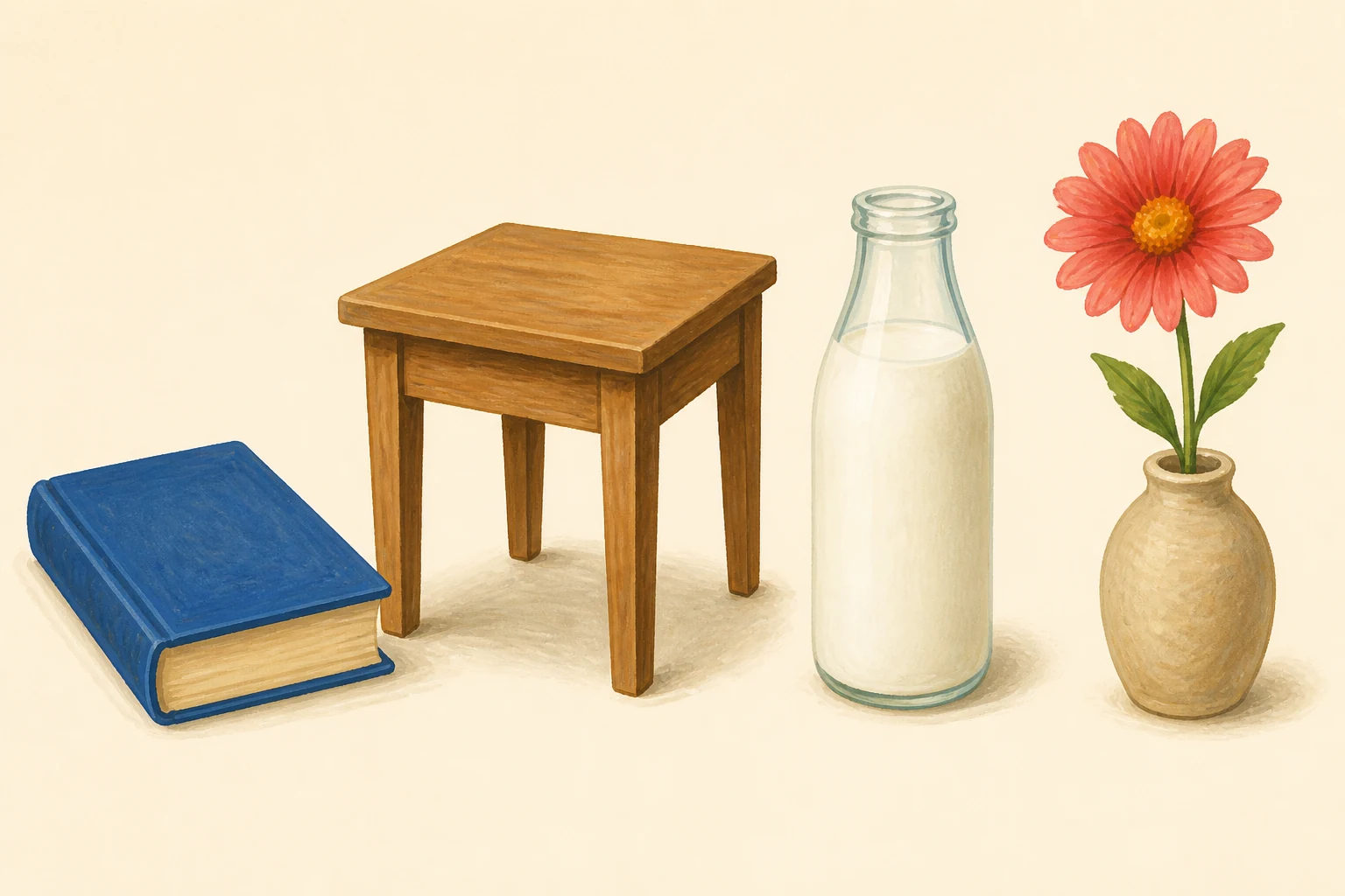 Cuatro objetos separados: un libro azul, una mesa de madera, una botella de leche y una flor roja en un jarrón.