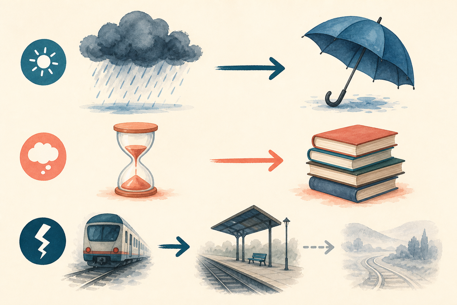 Tre percorsi: pioggia reale porta a un ombrello, tempo immaginato porta ai libri e un treno perso lascia un percorso passato sbiadito.
