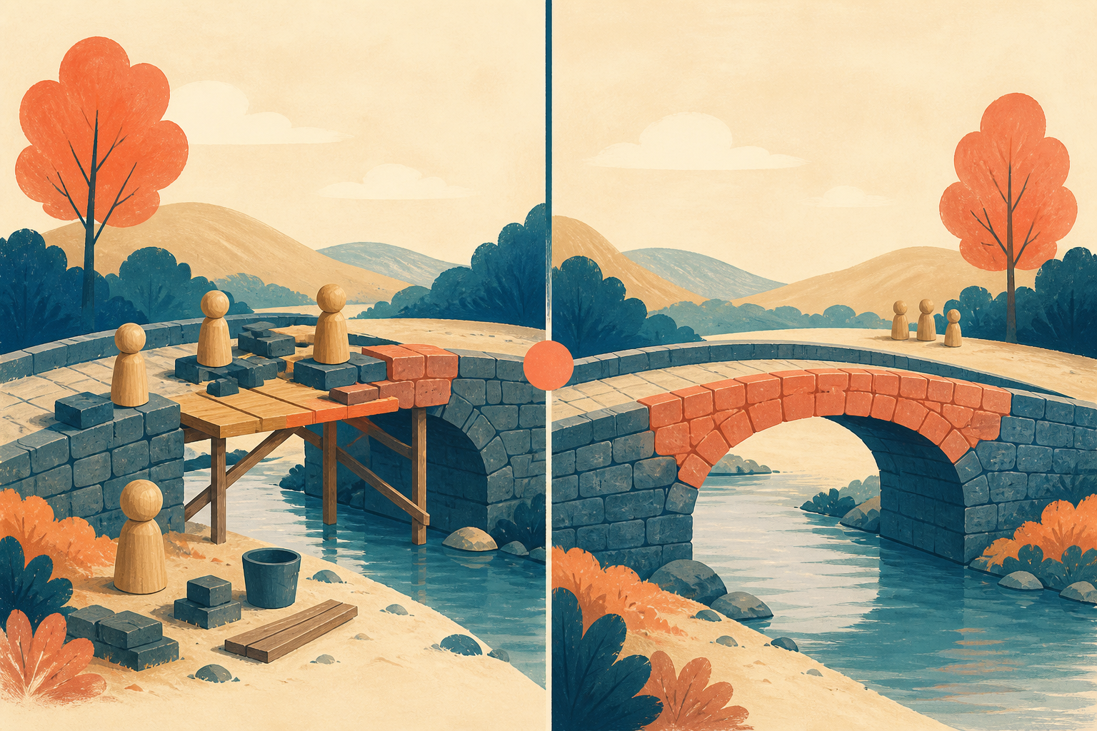 A sinistra diverse figure riparano un ponte; a destra il ponte finito occupa il primo piano e le figure restano sullo sfondo.