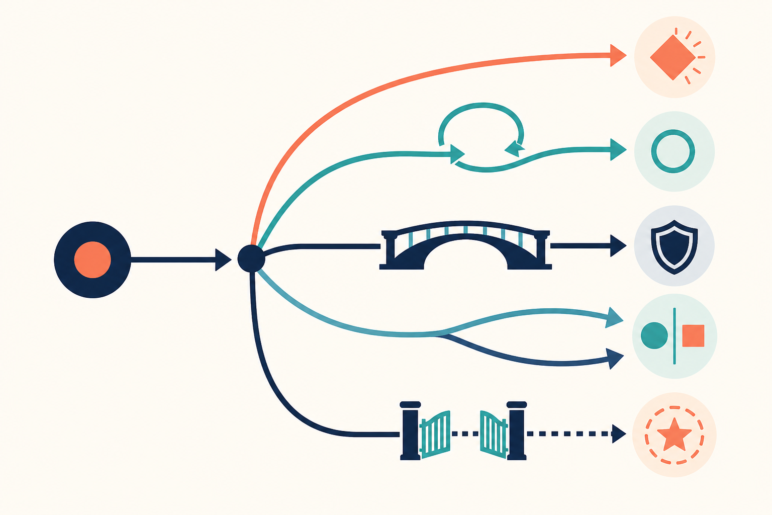 Un camino argumentativo se divide en cinco movimientos visuales: giro, concesión, refuerzo, contraste y excepción, cada uno con una trayectoria distinta.