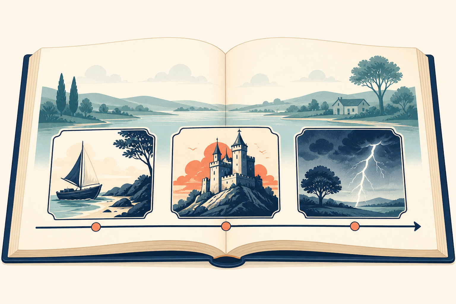 An open book shows a continuous background band and three distinct events moving from left to right.