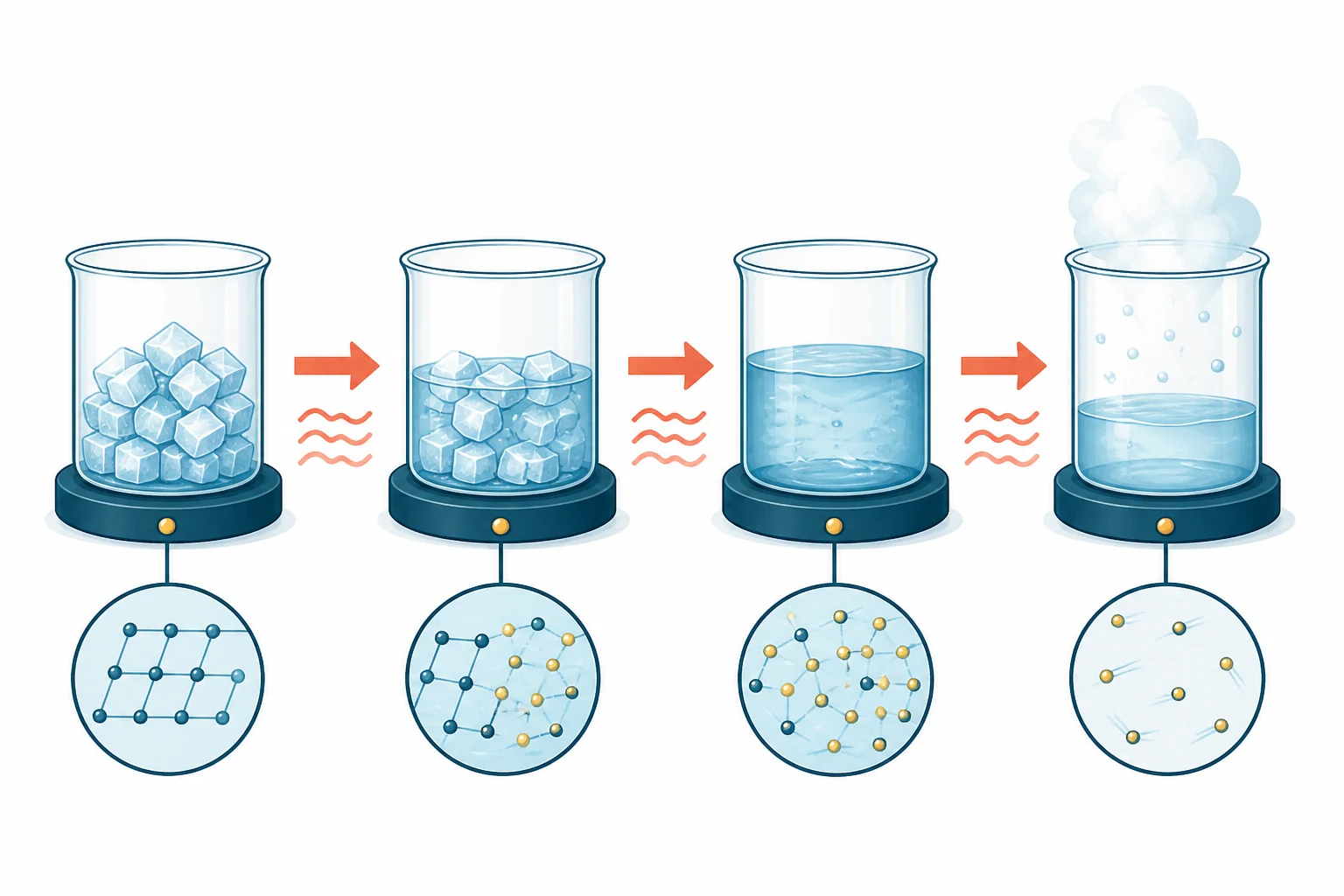 Una secuencia muestra hielo que se calienta, una mezcla de hielo y agua durante la fusión, agua líquida que vuelve a calentarse y vapor, con energía entrando en cada etapa.