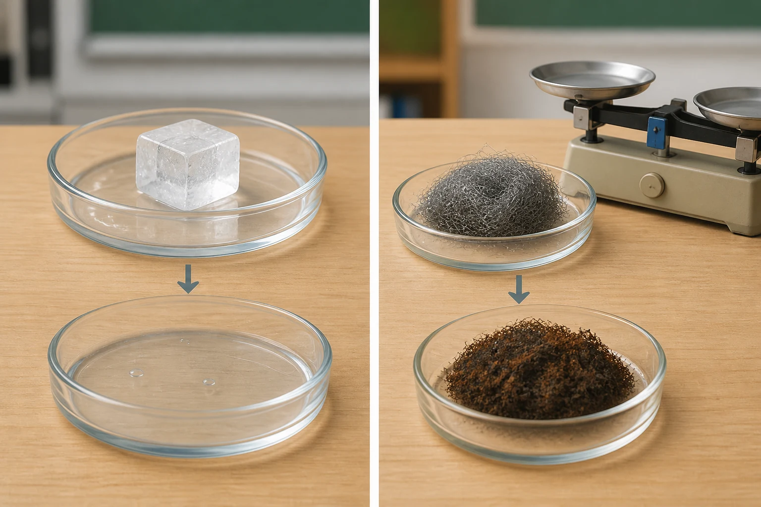 Comparación: a la izquierda un cubo de hielo pasa a agua líquida; a la derecha lana de hierro gris pasa a material oxidado marrón.