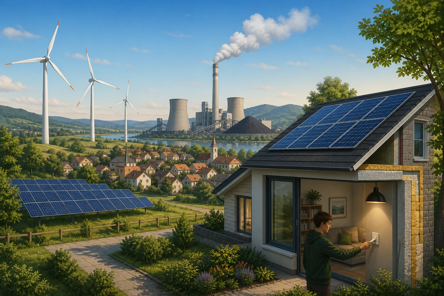 Paisaje con aerogeneradores, paneles solares, central térmica y vivienda aislada donde una persona actúa sobre un interruptor.