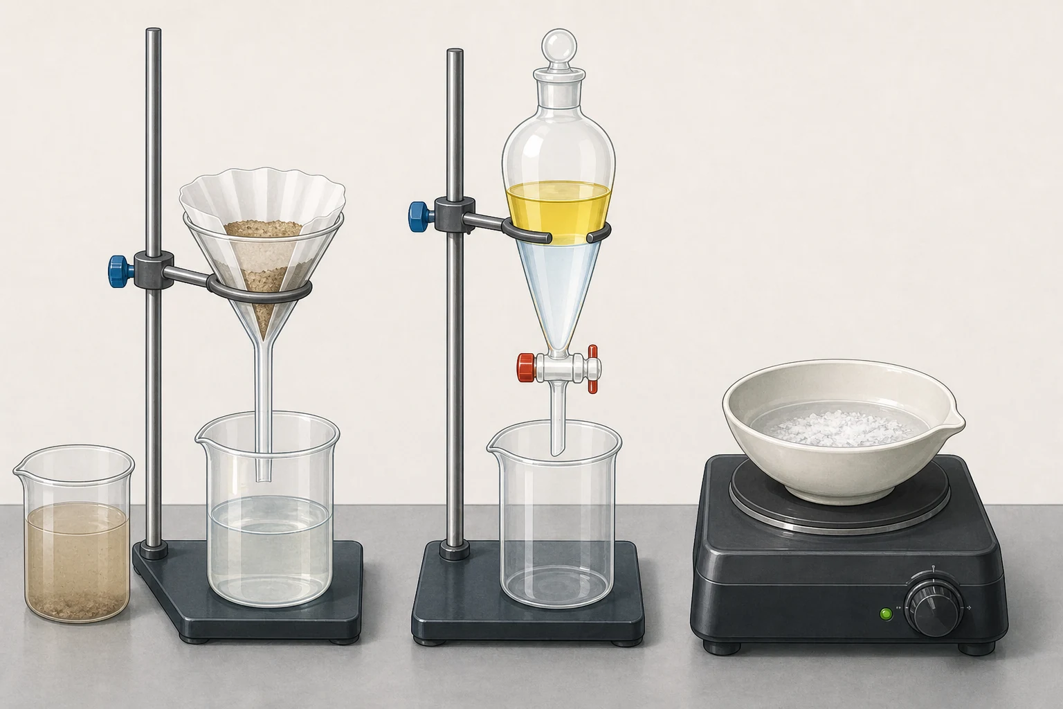 Mesa de laboratorio con filtración de arena y agua, embudo de decantación con dos líquidos y evaporación de una disolución.