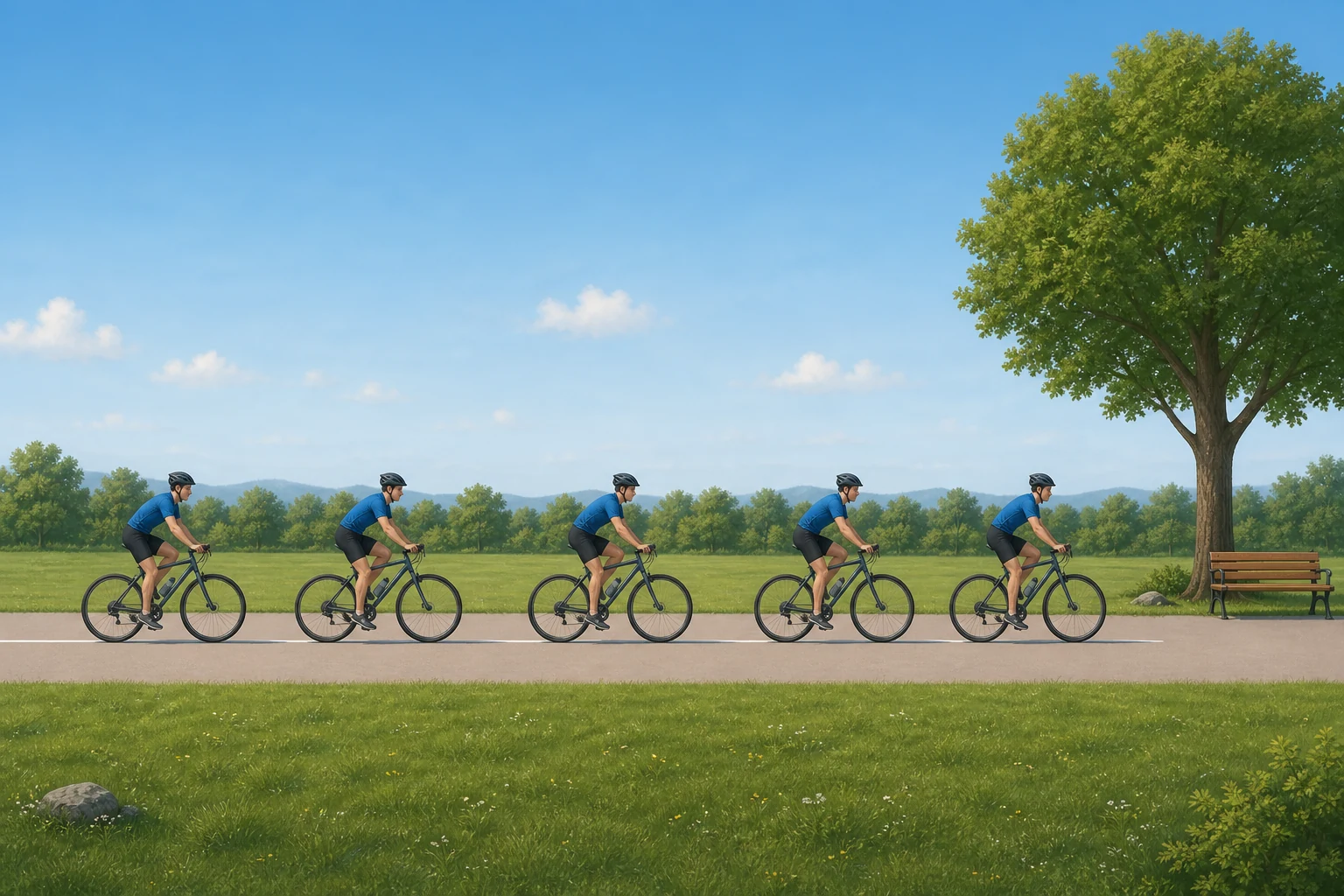 Cinco posiciones sucesivas e igualmente separadas de un ciclista en un camino, con un árbol y un banco fijos como referencias.