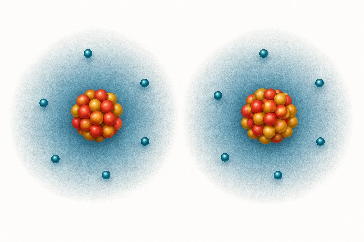 Dos modelos de átomos del mismo elemento muestran igual nube electrónica y núcleos con distinta cantidad de neutrones.