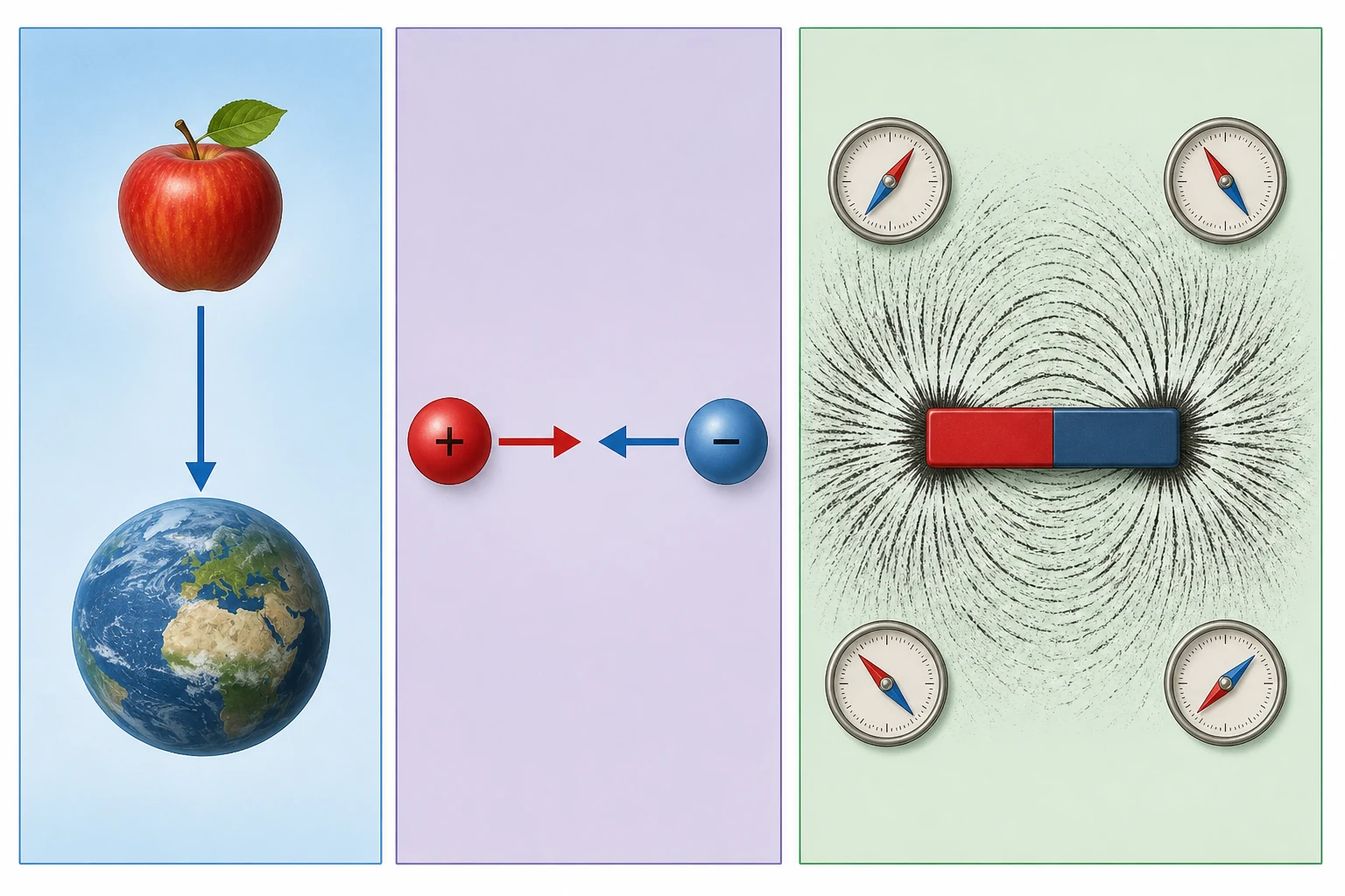 Tres paneles muestran una manzana atraída por la Tierra, dos cargas opuestas que se atraen y limaduras y brújulas orientadas alrededor de un imán.