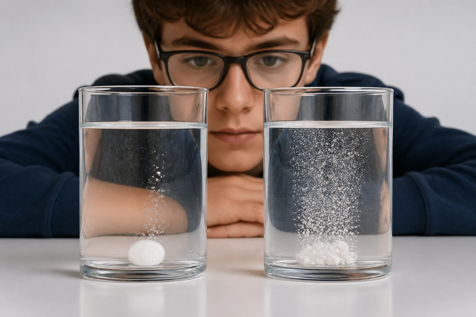 Dos vasos idénticos contienen igual volumen de agua; una pastilla entera produce pocas burbujas y la misma masa triturada produce muchas.