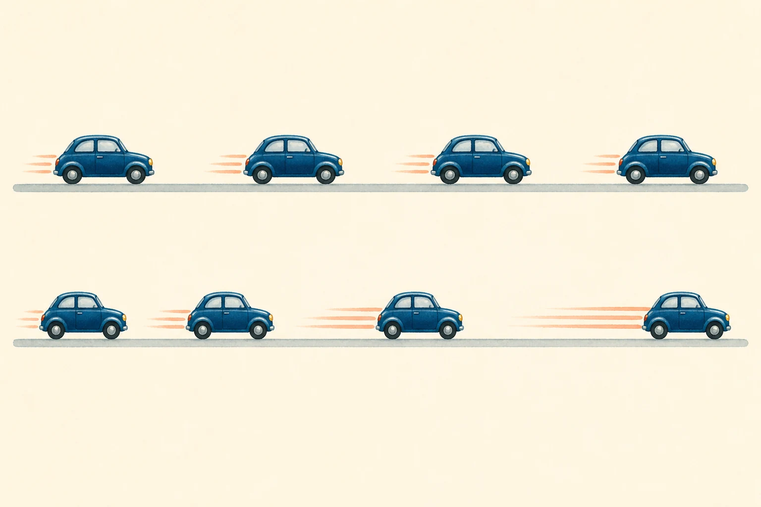 Dos secuencias de cuatro coches: arriba las separaciones son iguales y abajo aumentan progresivamente.