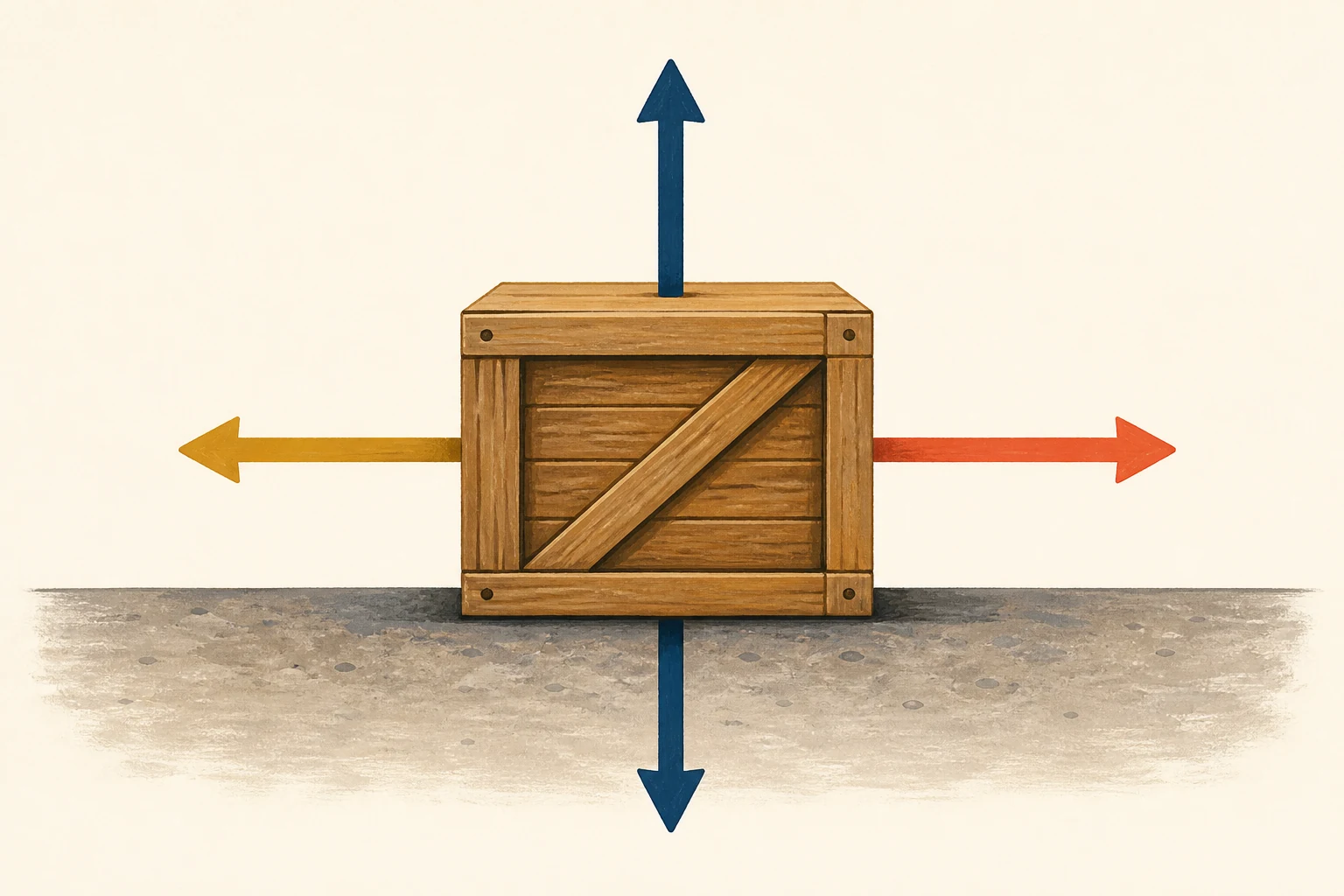 Una caja sobre suelo rugoso recibe cuatro flechas: hacia arriba, hacia abajo, hacia la derecha y hacia la izquierda.