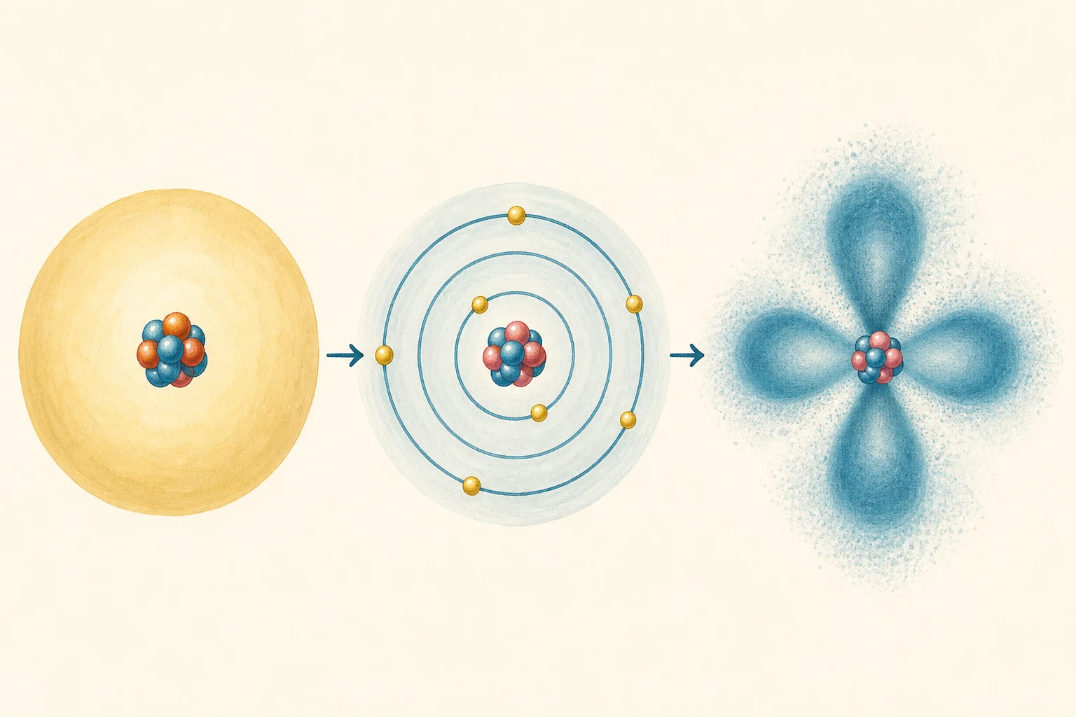 Tres recursos visuales comparan una representación nuclear, niveles discretos y una nube electrónica con lóbulos.