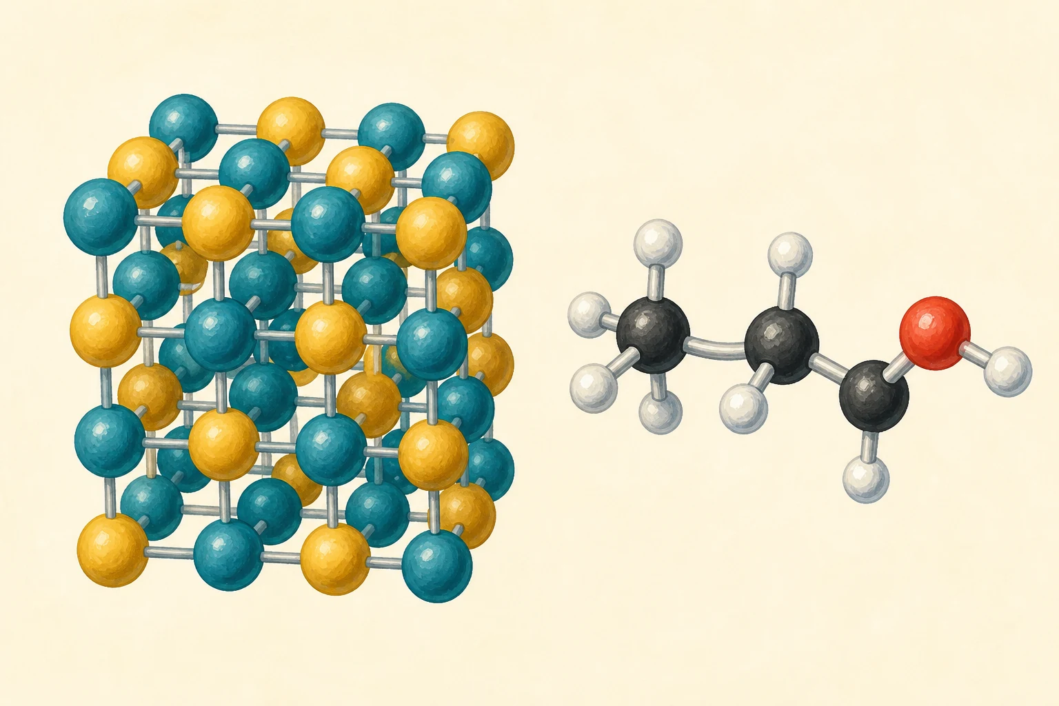 Una red cristalina alterna dos tipos de iones y, a su lado, un modelo molecular muestra una cadena de tres carbonos terminada en un grupo con oxígeno e hidrógeno.