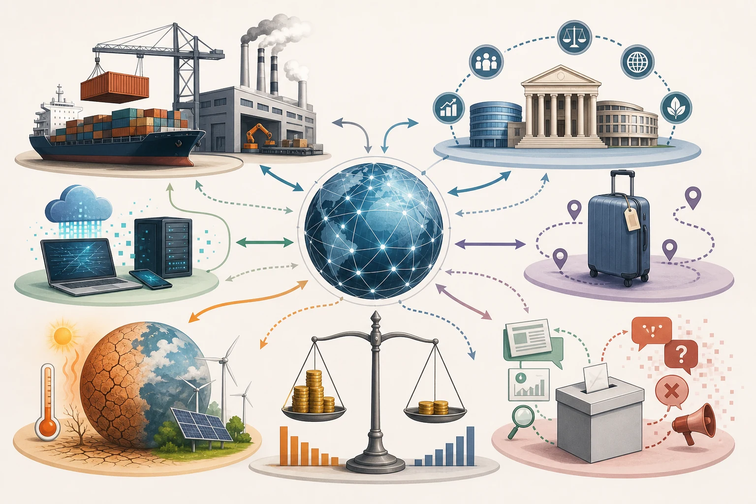 Red global que conecta fábrica y transporte marítimo, datos digitales, instituciones, migración, clima y energía, desigualdad y una urna rodeada de información y desinformación.