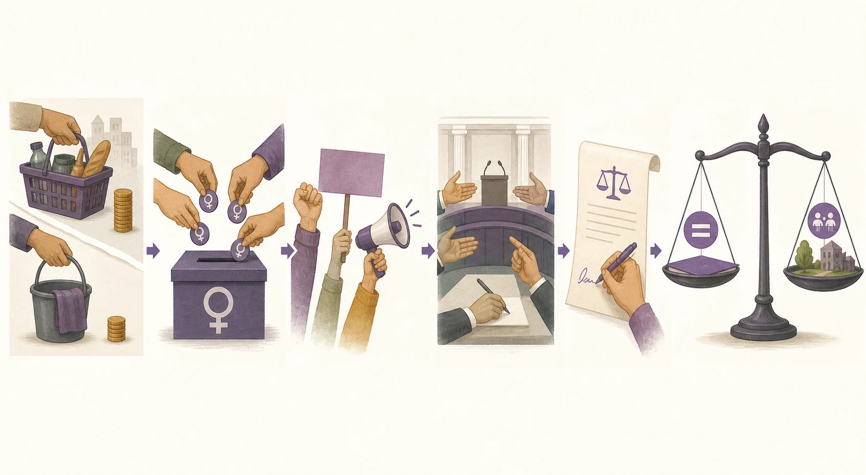 Secuencia de desigualdad material, aportaciones a una organización, protesta, debate parlamentario, firma de una ley y balanza entre igualdad jurídica y resultados sociales.